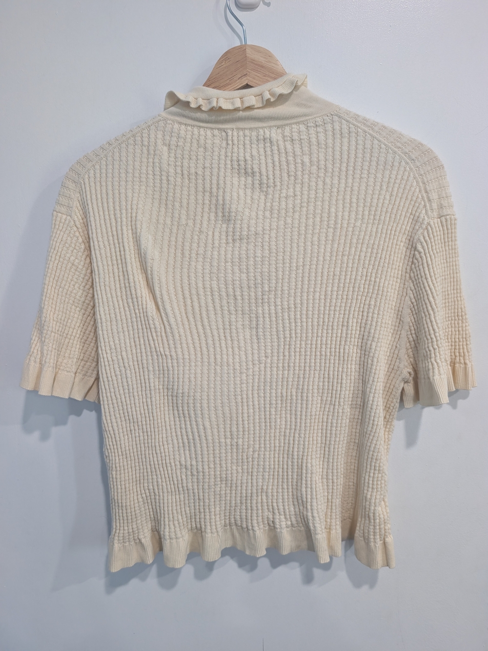 J. Crew Pointelle Ruffle-trim Cardigan Short Sleeve Warm Sesame Size Large - Picture 6 of 6